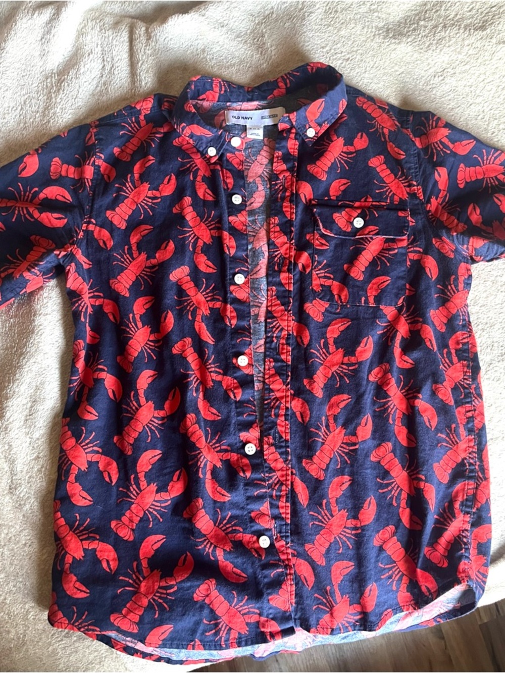 Old Navy- Navy Button-Up Shirt with Red Lobster Print